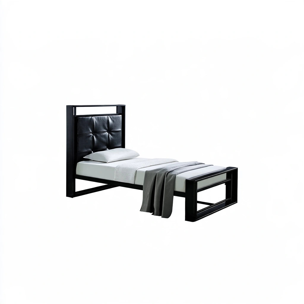 Bedframe met hoofdbord met stoffen bekleding, kleur donkergrijs en zwart