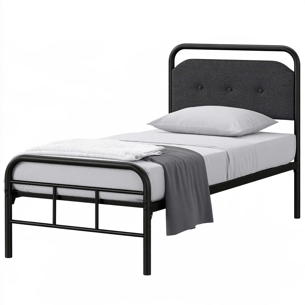 Bedframe met hoofdbord met stoffen bekleding, kleur donkergrijs en zwart