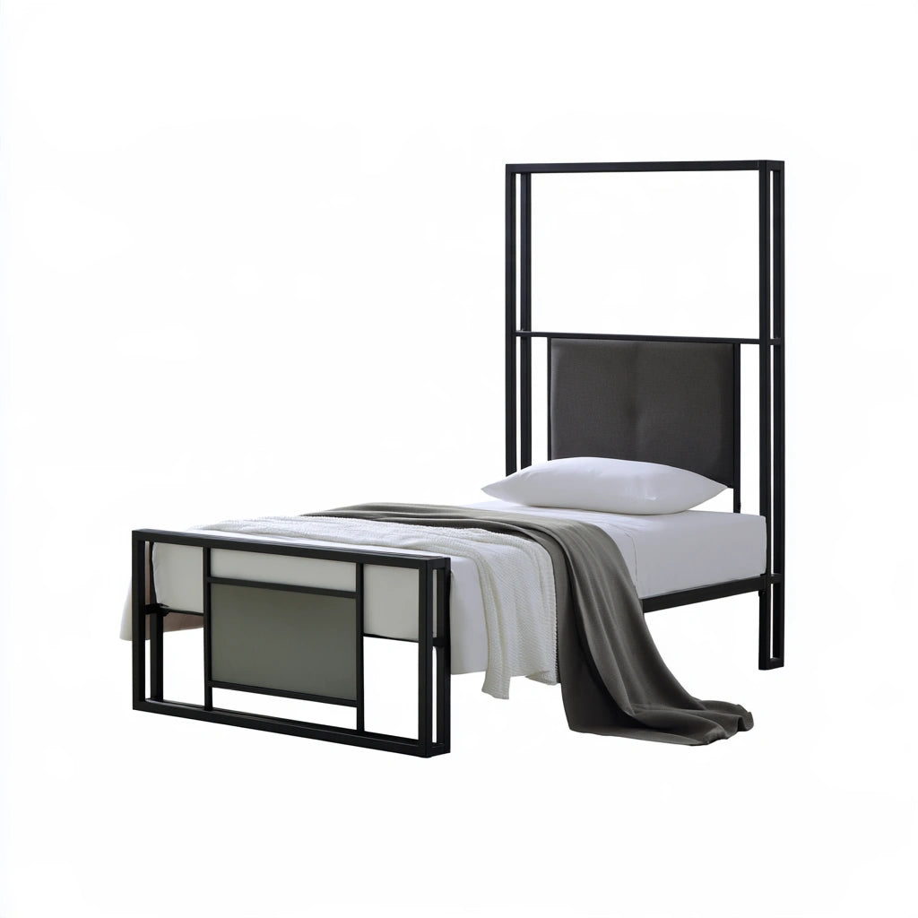 Bedframe met hoofdbord met stoffen bekleding, kleur donkergrijs en zwart