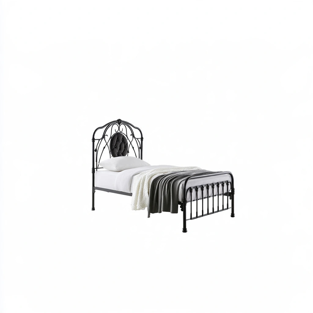Bedframe met hoofdbord met stoffen bekleding, kleur donkergrijs en zwart