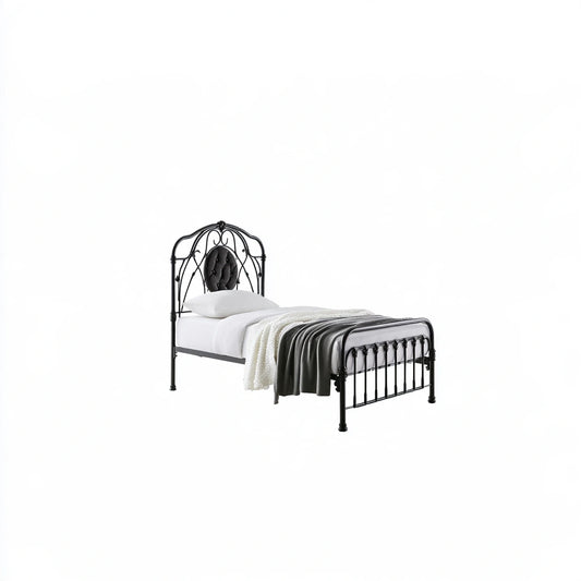 Bedframe met hoofdbord met stoffen bekleding, kleur donkergrijs en zwart
